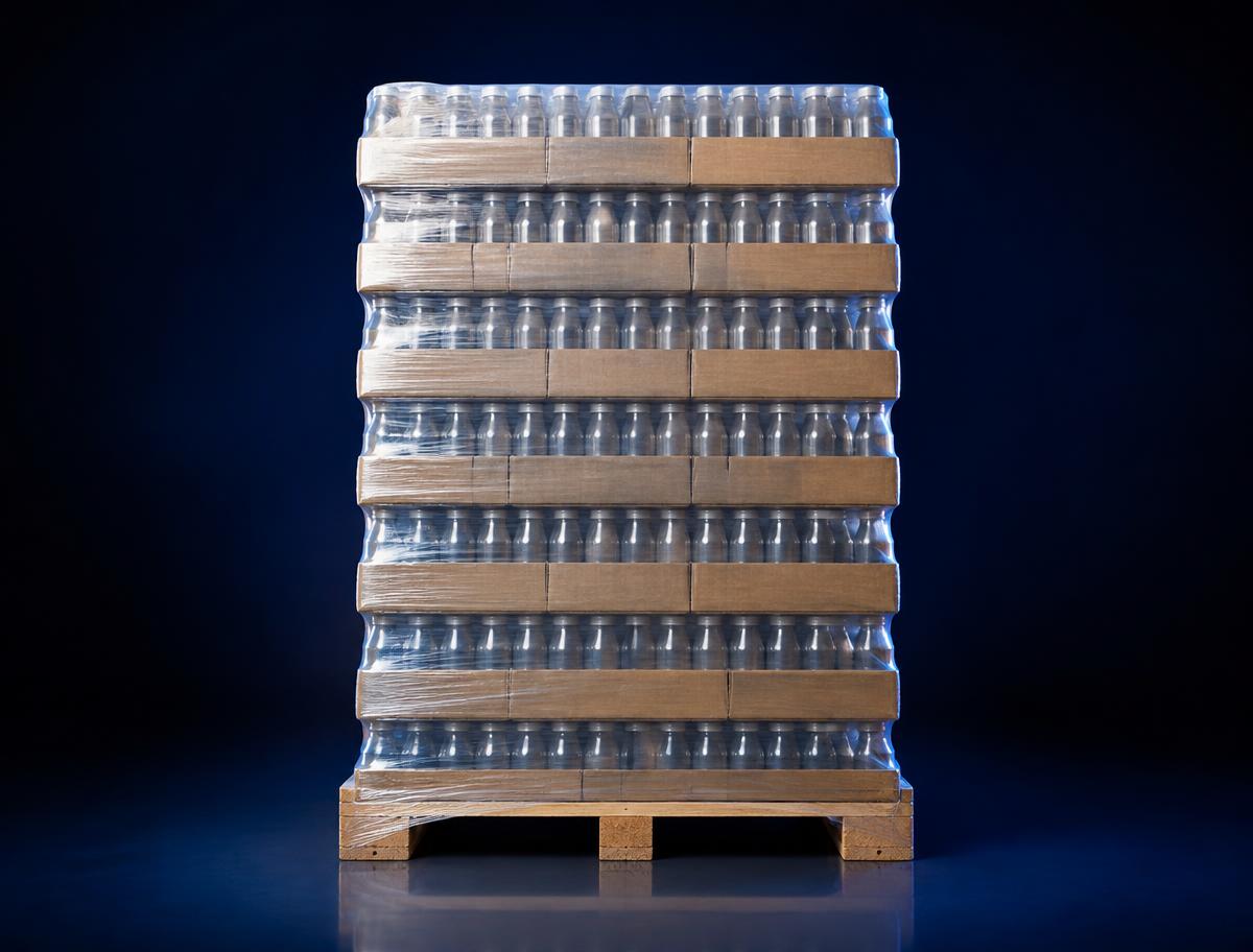 A wrapped pallet of unlabeled beverage cases on a deep navy studio background