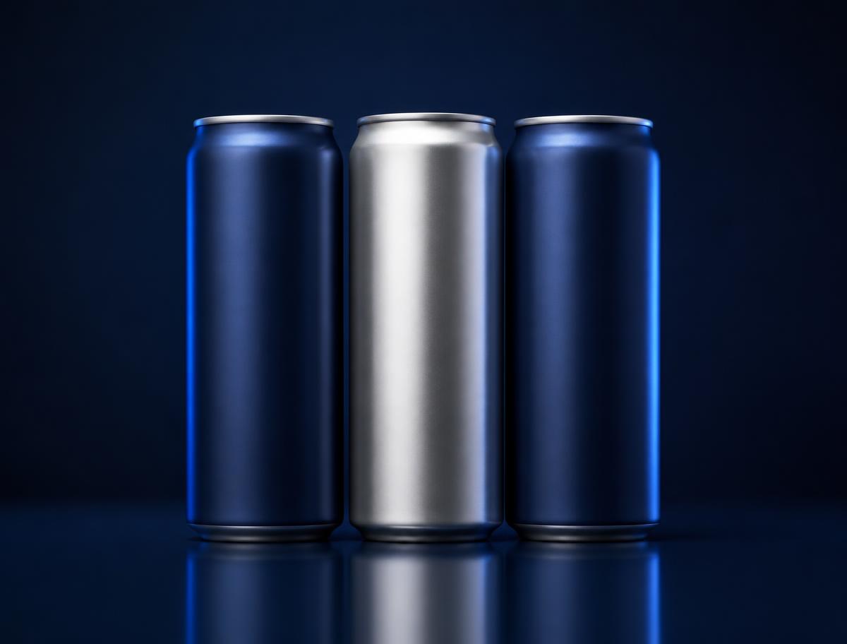 Unbranded energy drink cans photographed on a deep navy studio background